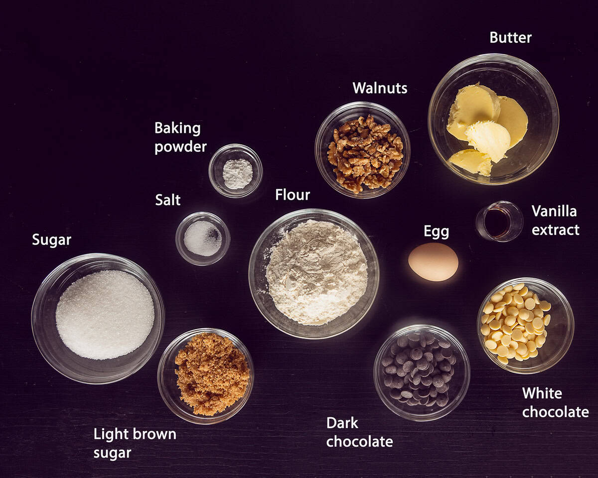 Ingredients Chocolate Chip Walnut Cookies with dark background and text description