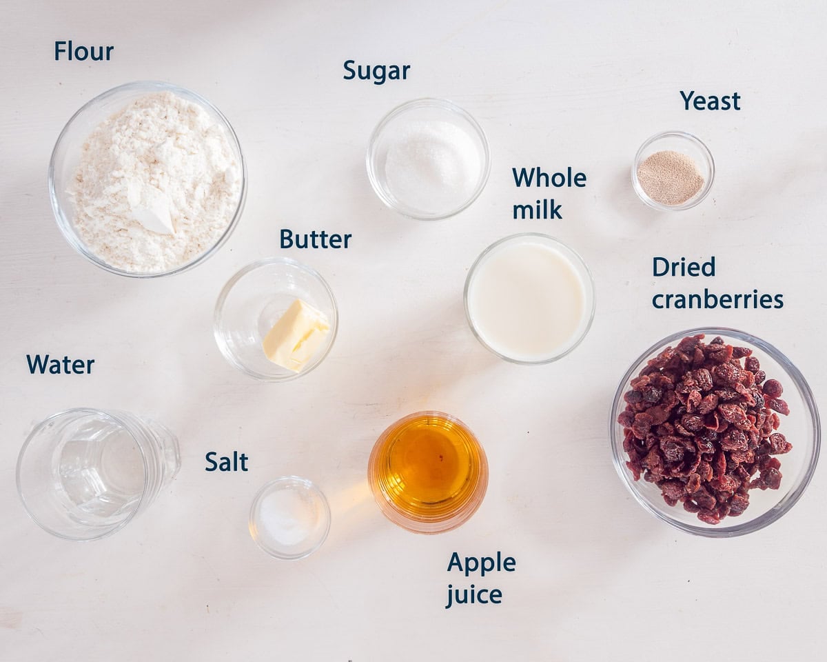 Ingredients Cranberry loaf on a white background with text description.