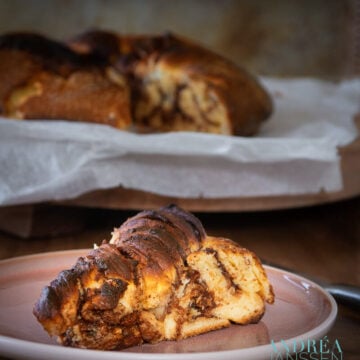 Nutella twist bread on a pink plate