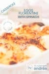 Florentine eggs with spinach in a white casserole dish. Above a text overlay: Eggs Florentine with Spinach