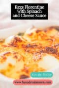 A white baking dish filled with Florentine eggs with spinach, including the text Eggs Florentine with Spinach and Cheese Sauce
