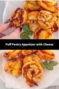 Two pictures with puff pastry appetizers with cheese and bacon on a white plate. A text in between: puff pastry appetizer with cheese