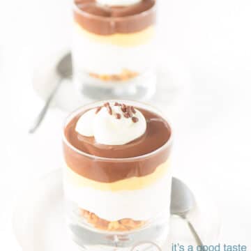 two glasses with dessert sex in a pan on white plates with a spoon