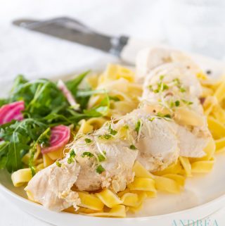 Tagliatelle and chicken filled with crab meat