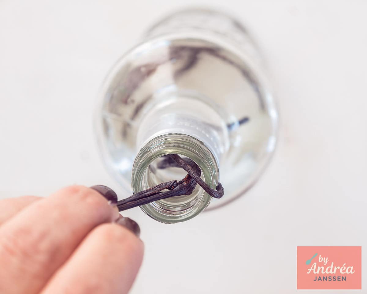 Vanilla pods put in a bottle with vodka.