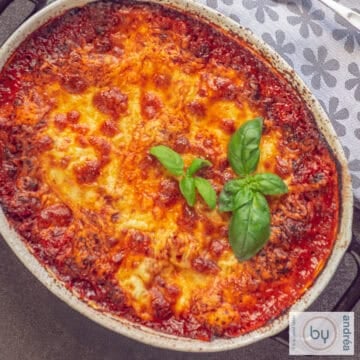 A Square picture from a part of a casserole dish filled with lasagna with bolognese sauce and melted cheeses