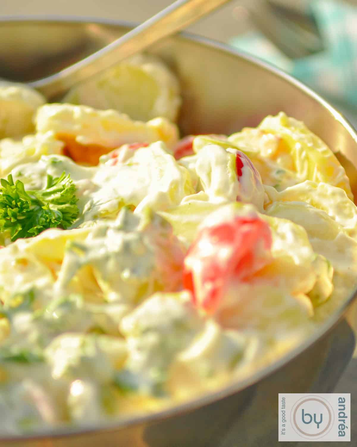 A portion of a lean potato salad in a bowl