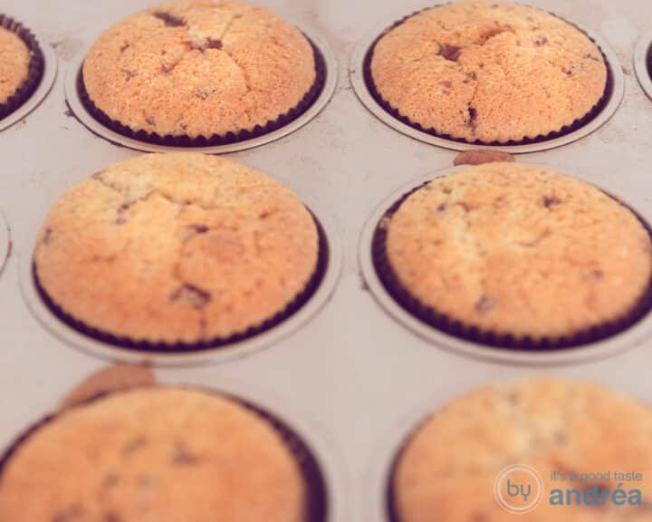 A cupcake baking tray with baked chocolate chip cupcakes