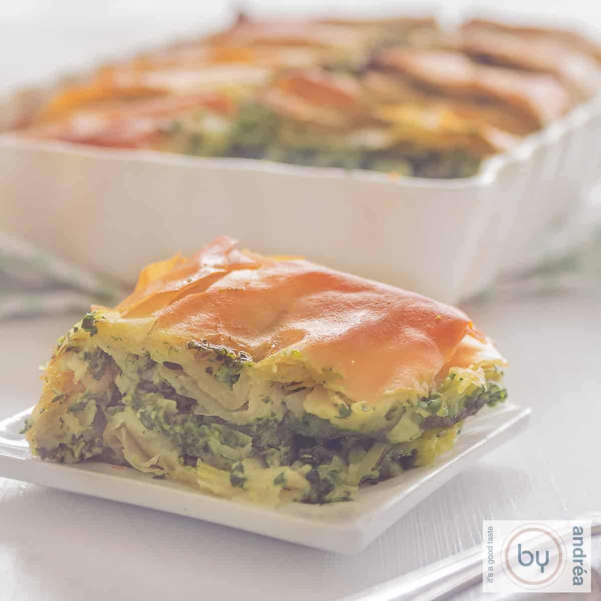 A square photo with several slices of savory pie with spinach and feta: spanakopita.