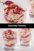 Two pictures with parts of glasses filled with chocolate tiramisu. A text in between: Chocolate tiramisu