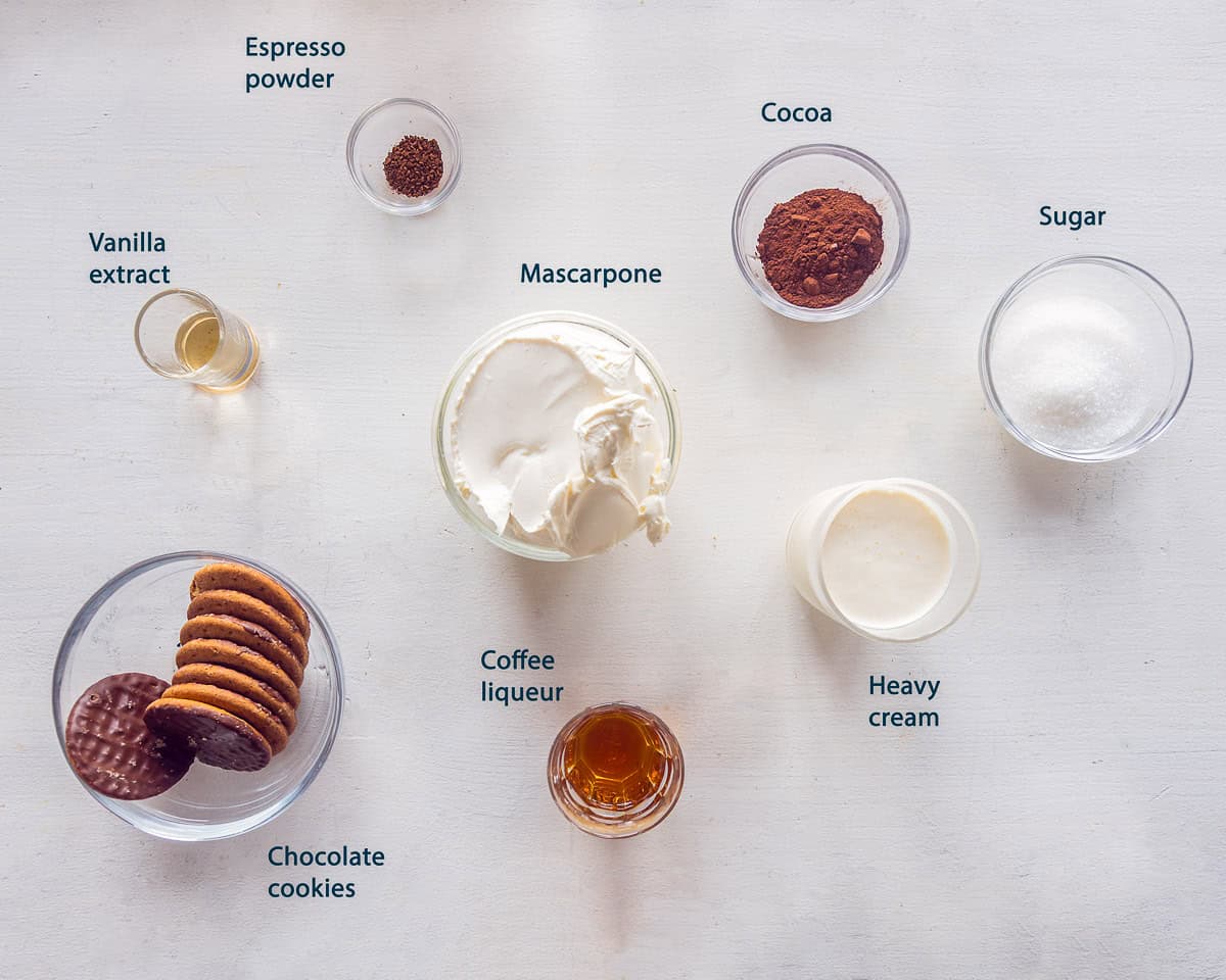 Ingredients Chocolate Tiramisu on a white background with text description