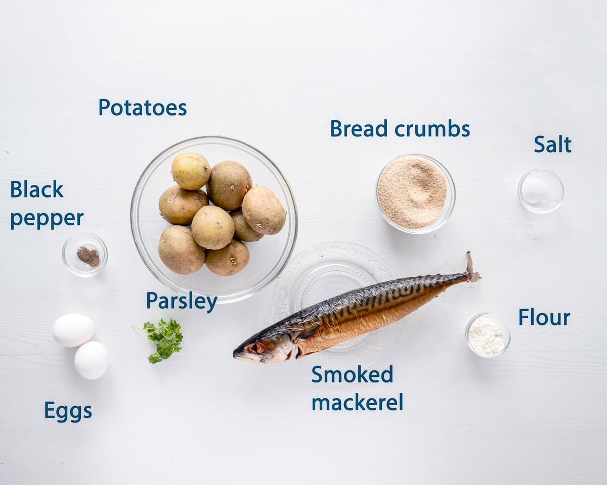 Ingredients Smoked Mackerel Fish Cakes on a white background with text description.