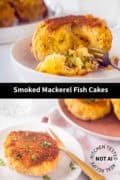 Two pictures above each other with smoked mackerel fish potato burgers. A text in between: smoked mackerel fish cakes.