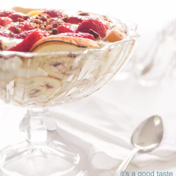 a bowl with strawberry trifle