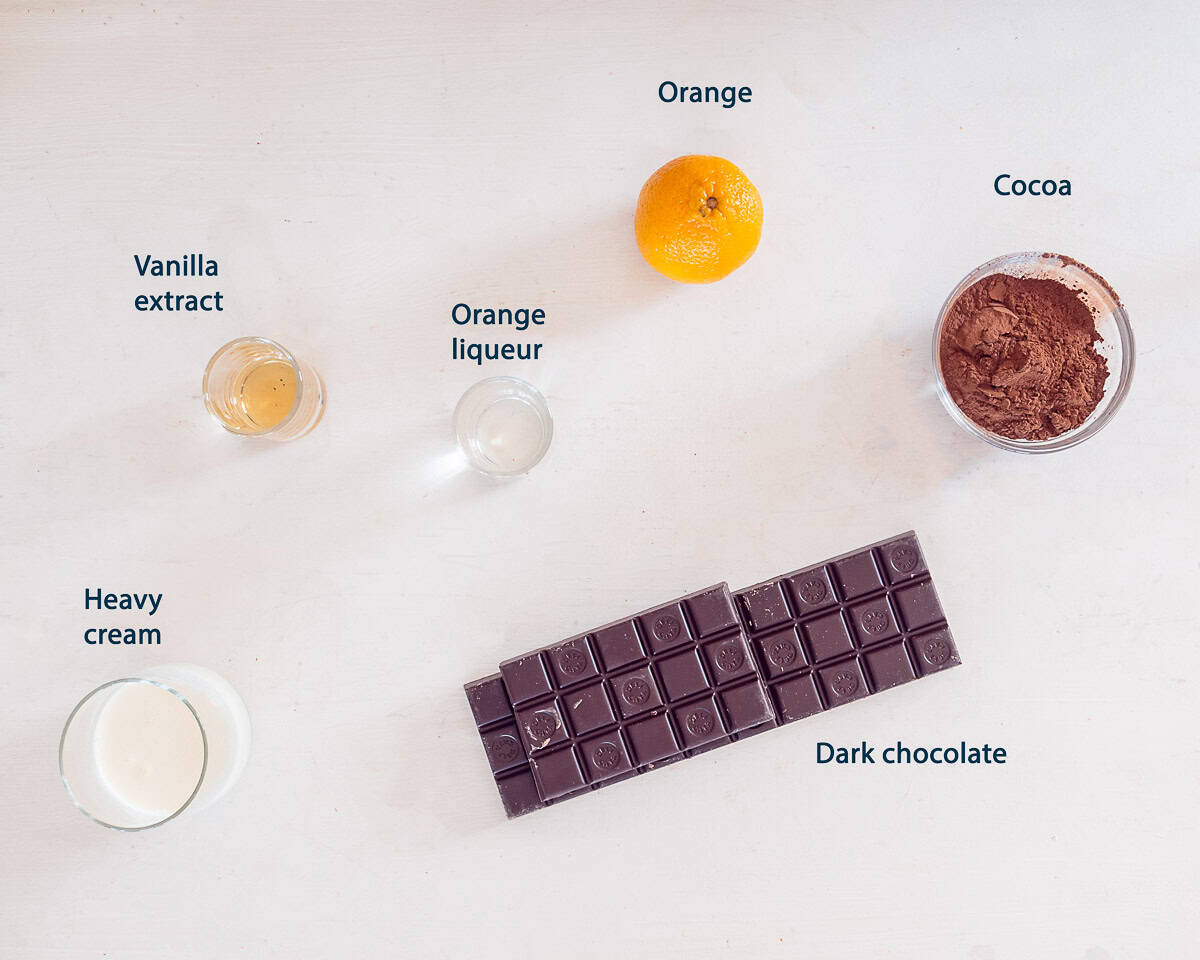 Ingredients Chocolate Orange Truffles on a white background with a text description