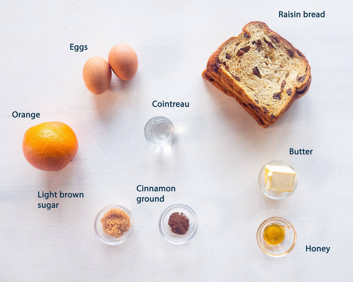 Ingredients Orange French Toast on a white background with text description