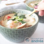 A square photo with a filled bowl with Thai coconut soup with shrimp.