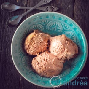 a blue bowl with three scoops of chocolate ice cream