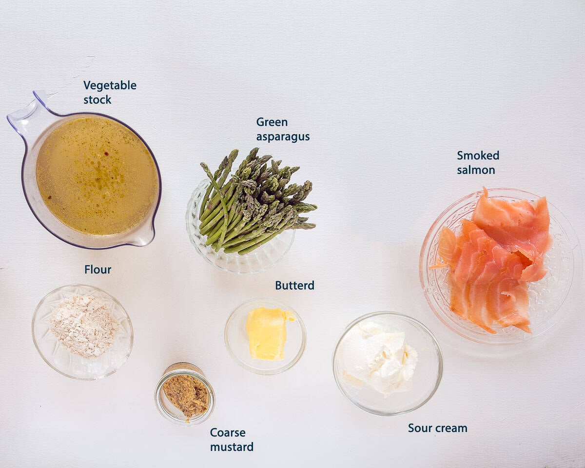 Ingredients Dutch Mustard Soup with Smoked Salmon on a white background with text description