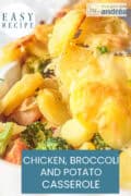 Part of a white casserole showing the broccoli and chicken filling and the potato and cheese topping. A text at the bottom: Chicken Broccoli and Potato Casserole, easy recipe