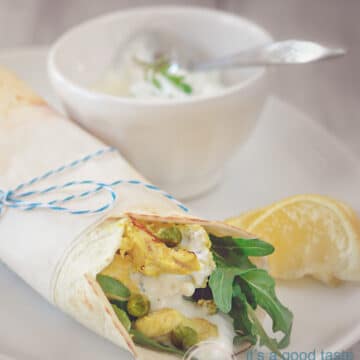 Wrap with chicken on a white plate with a bowl of Tzatziki