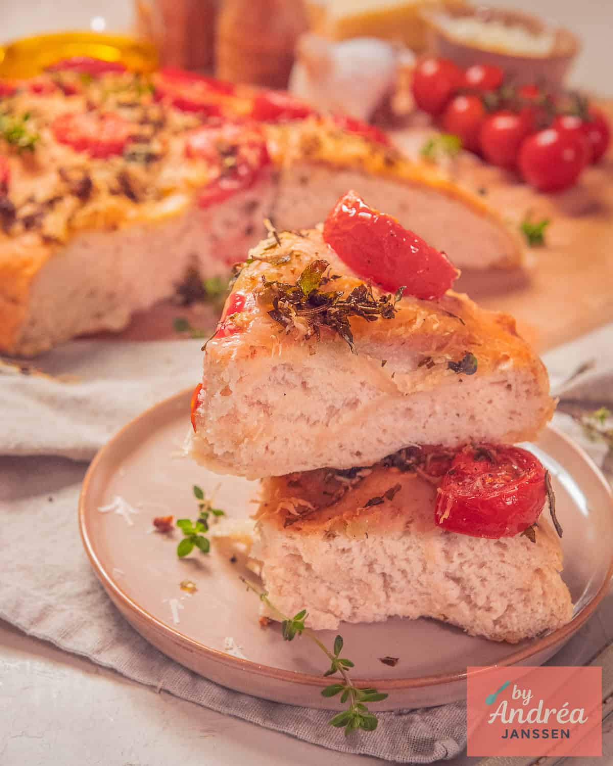 Two pieces of focaccia stacked on top of each other. The focaccia is topped with herbs, tomato, and Parmesan cheese.