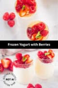 Two pictures above each other with frozen yogurt and red fruit. A text in between frozen yogurt with berries
