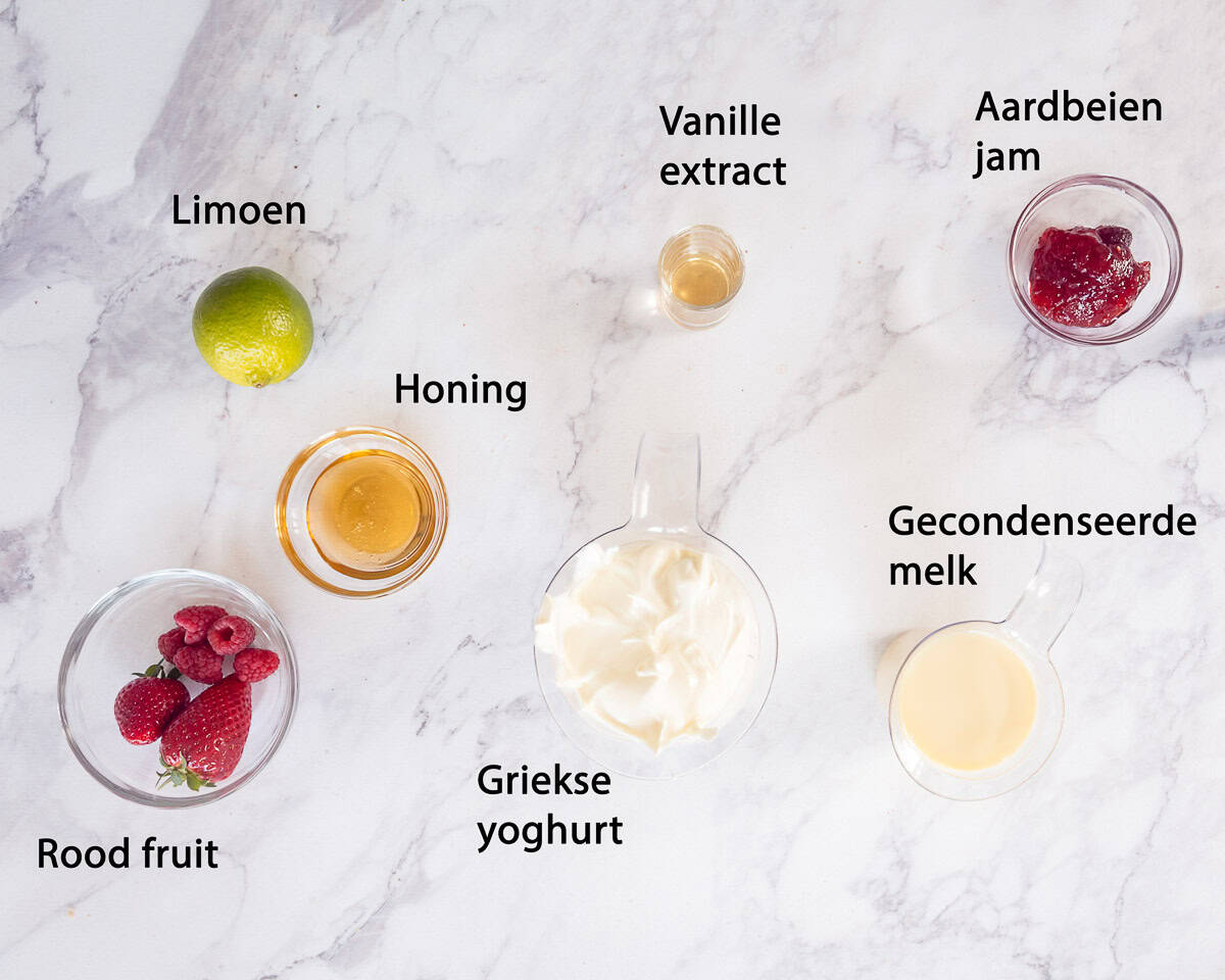 Ingredienten Frozen yogurt met rood fruit op een marmer witte ondergrond met een tekstbeschrijving.