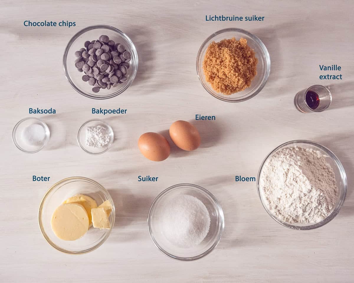 Ingredienten Koekbakjes met Vanille-IJs op een beige ondergrond met een tekstbeschrijving.