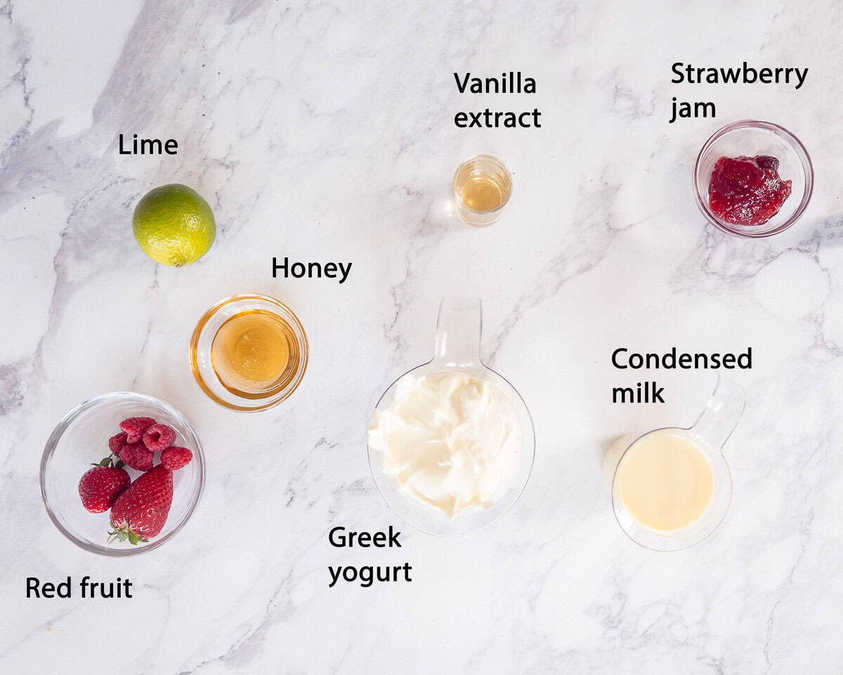 Ingredients Frozen Yogurt with Berries with white marble background and text description