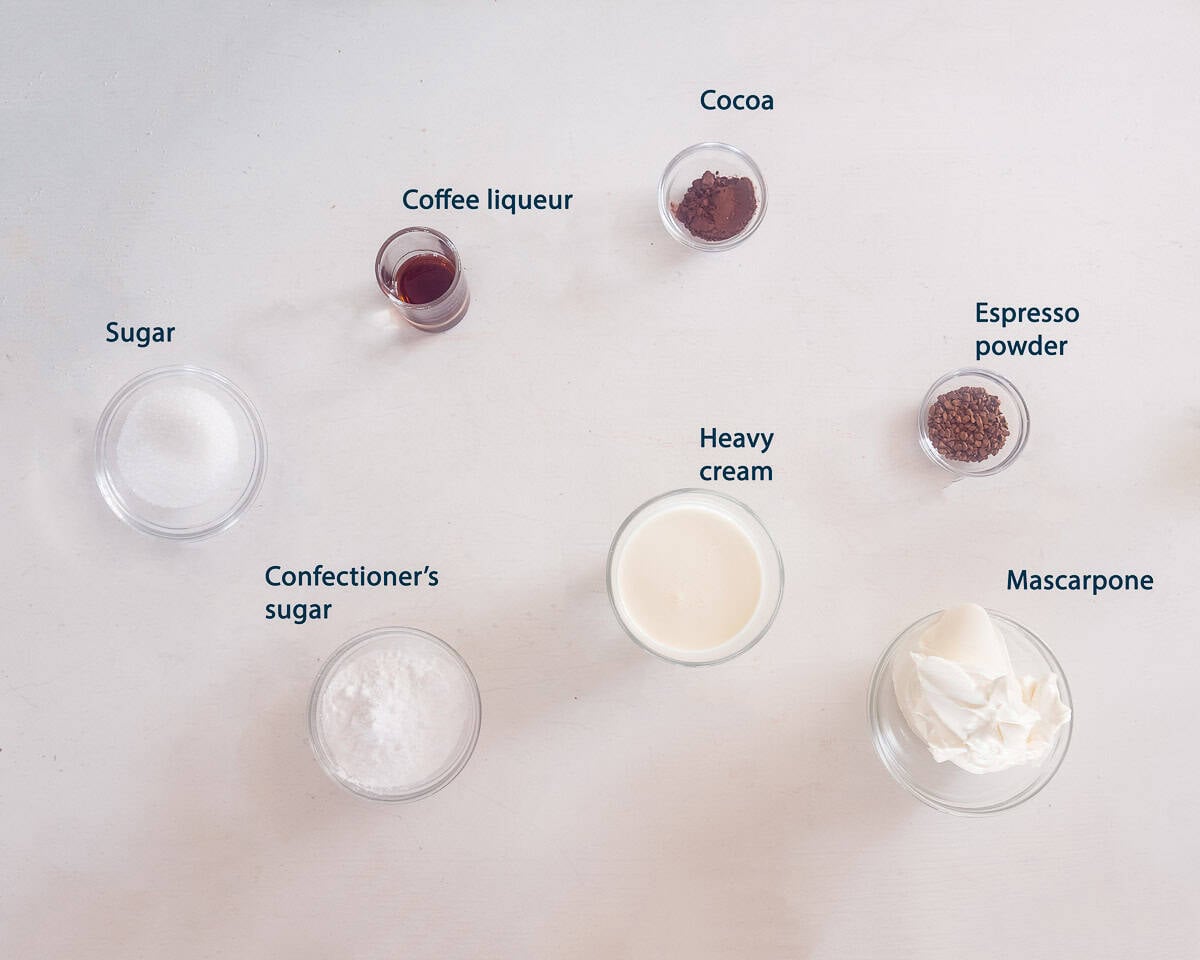 Ingredients Tiramisu Cupcakes Recipe topping on a white background with text description