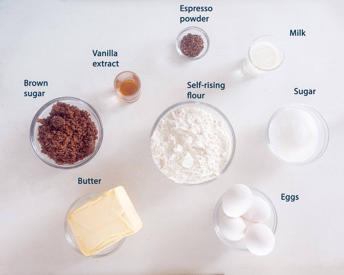 Ingredients Tiramisu cupcakes on a white background with text description