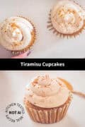 Two pictures with tiramisu cupcakes above each other. A text in between: tiramisu cupcakes