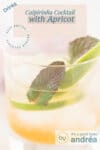 A glass filled with apricot puree, ice cubes, lime cachaça and mint. A text overlay describes the photo.