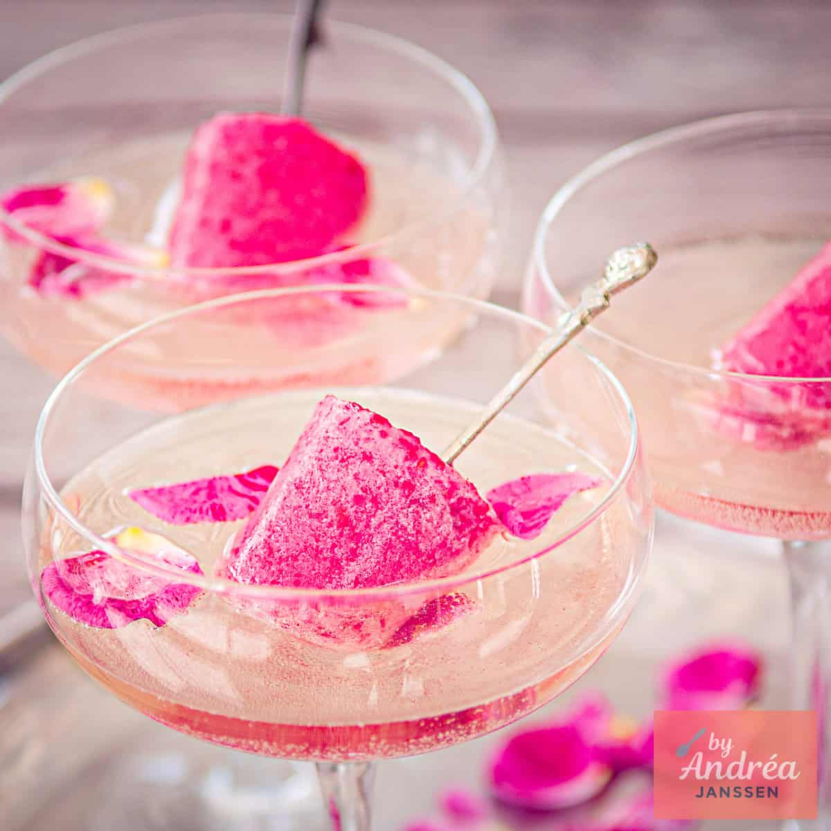 A square photo with three champagne glasses with bubbles, raspberry ice cream collies, and rose petals