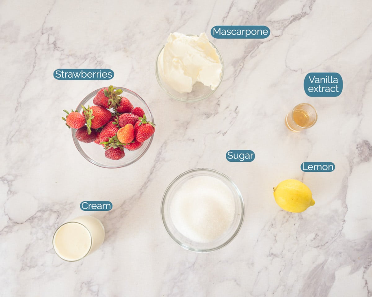 Ingredients No-Churn Strawberry Ice Cream, individually labelled on a white marbled background