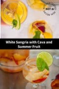 Two pictures with sangria Bianca above each other. A text in between: white sangria with cava and summer fruit