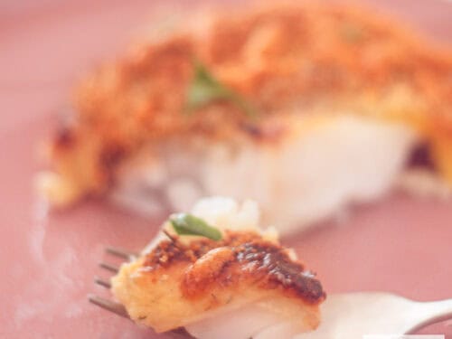 A square picture with cod with a cheese breadcrumb topping. A fork took a bite.