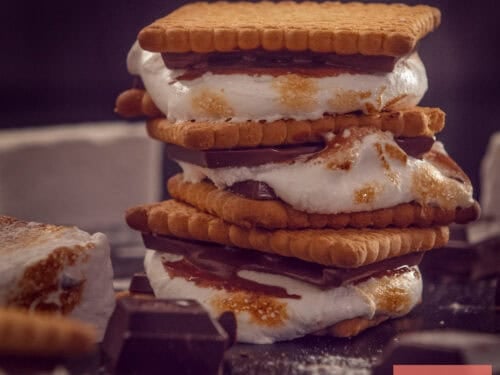 A square photo with homemade 's mores stacked on top of each other.