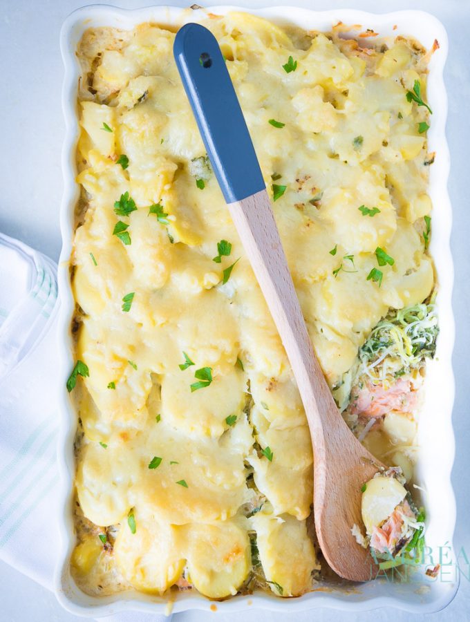 zalm prei en aardappelovenschotel