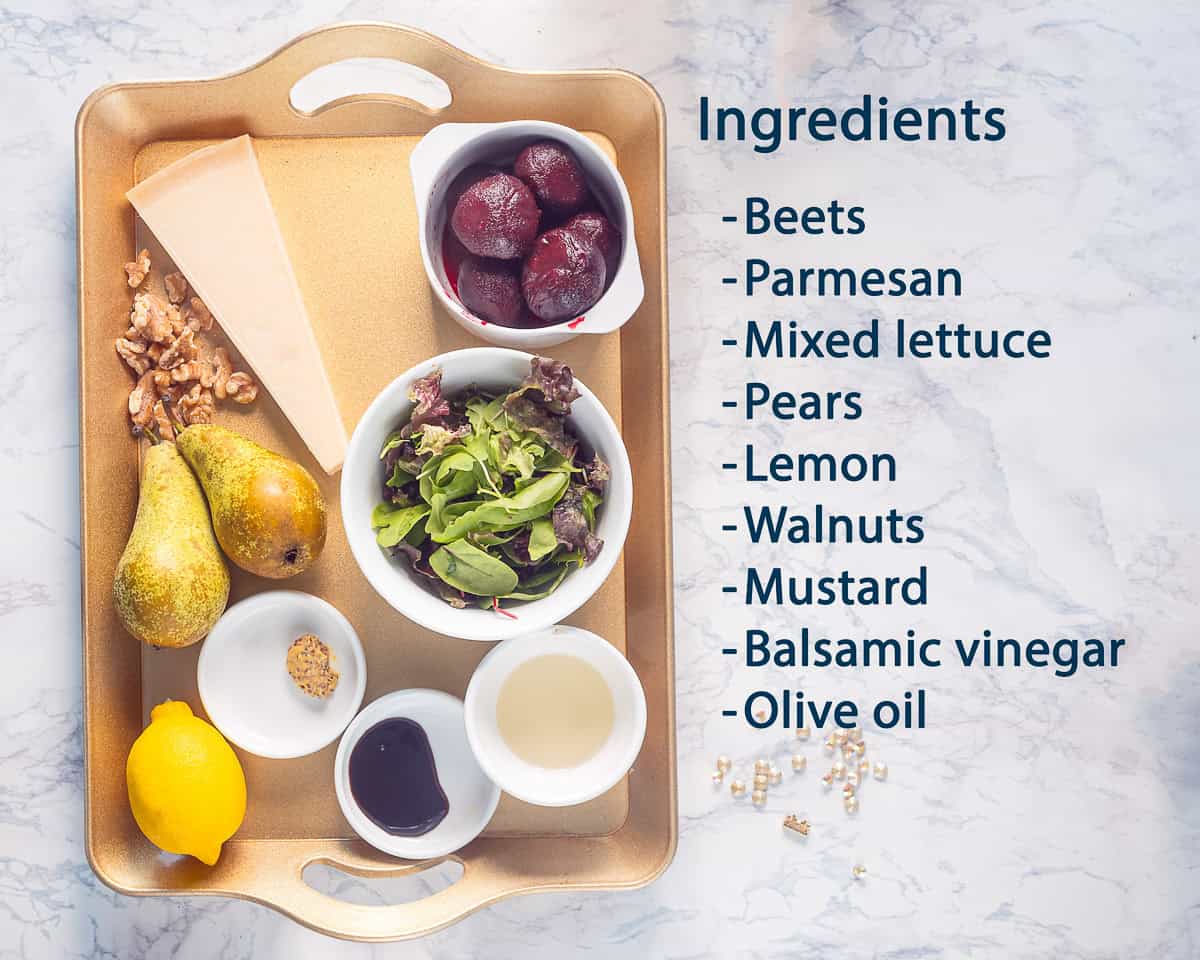 Ingredients Beet carpaccio on a golden tray and a text description of all ingredients