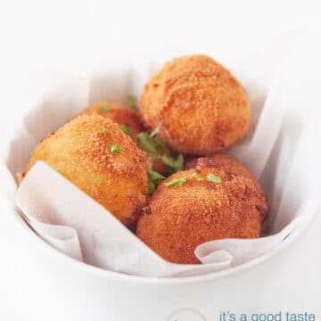 four cheese bitterballen in a white bowl