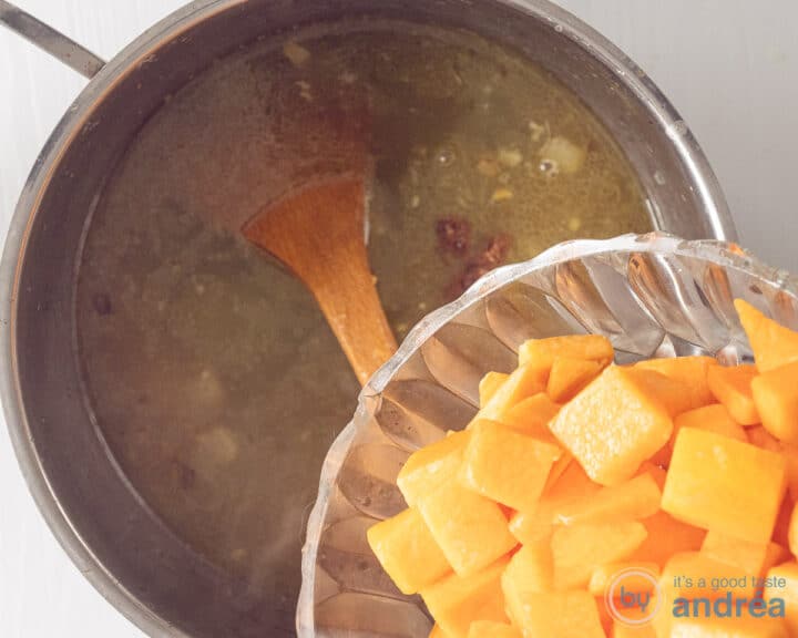 Pumpkin is added to the vegetable broth.