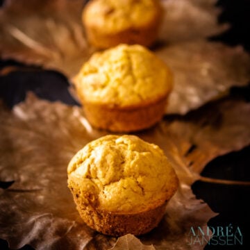 three Corn muffins in a row on golden leaves