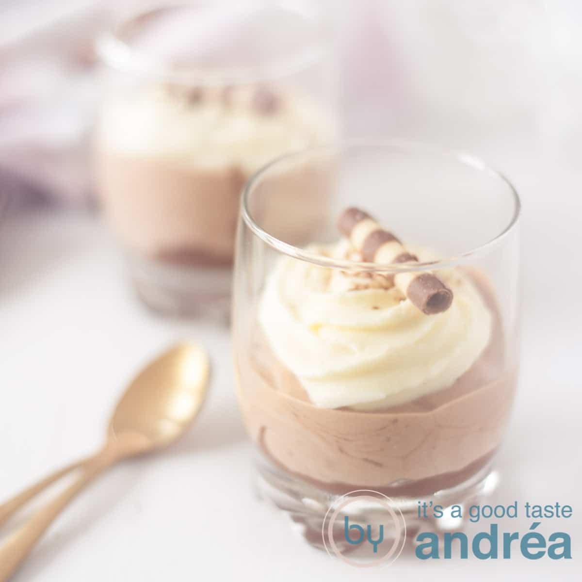 Square photo of two glasses filled with triple chocolate mousse