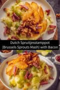 Two pictures of Dutch spruitjesstamppot with apples and walnuts. And a text in between Dutch spruitjesstamppot Brussels sprouts mash with bacon