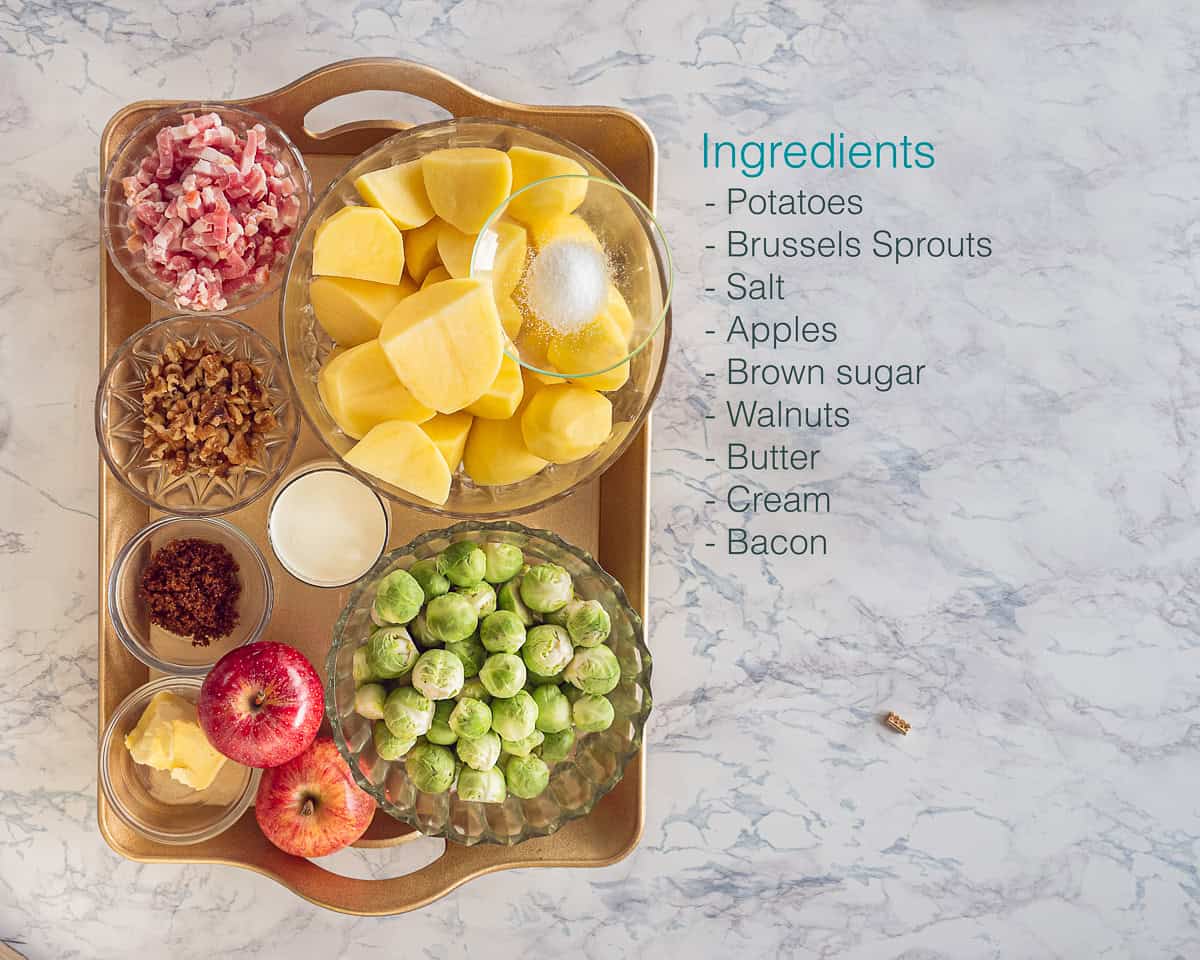 Ingredients Brussels sprout stew with bacon for the kids on a golden tray with a description of the ingredients next to it.