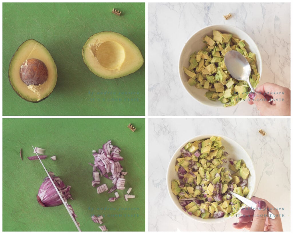 Peel the avocado and slice in cubes. Slice the red onion fine