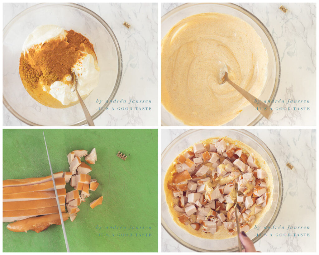Make the curry sauce and add the smoked chicken cubes
