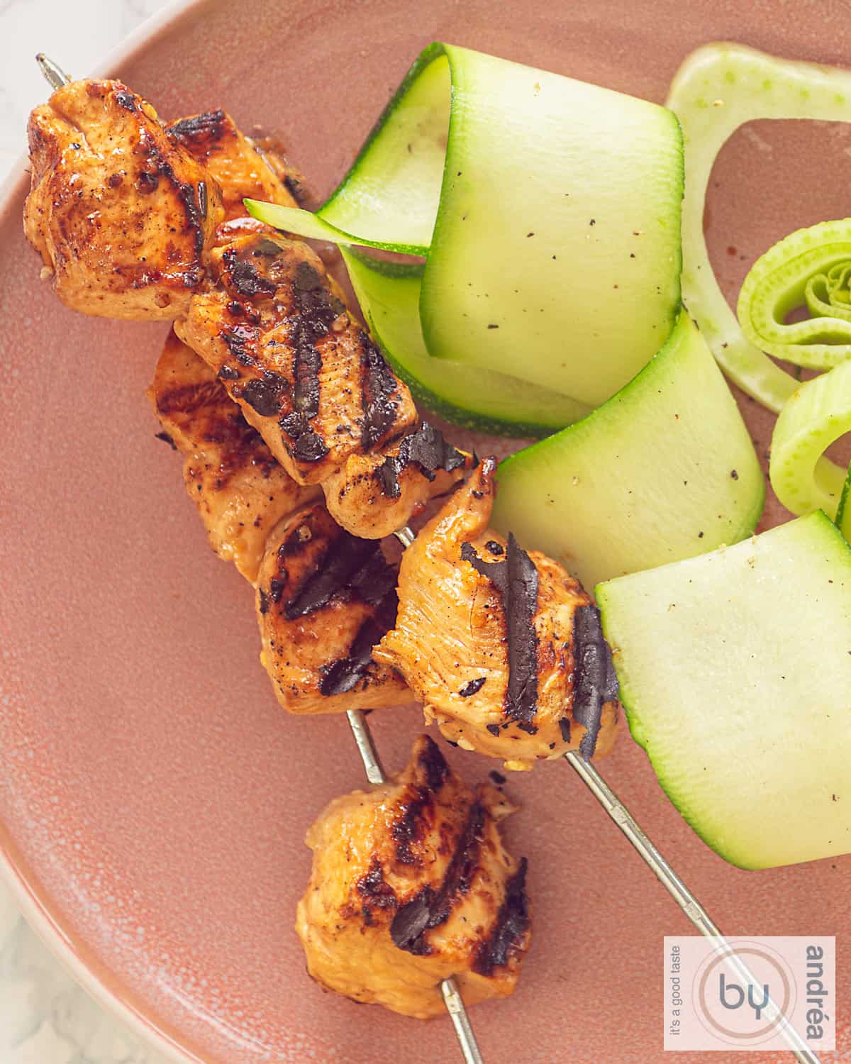 A plate with grilled chicken and cucumber.
